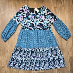 SOFT SURROUNDINGS Dress Womens M Blue Floral Midi Mixed Print Tiered Boho Artsy